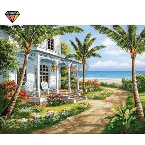 XUEQIXIAOZU Full Round House Coconut Trees Scenery Diamond Embroidery Diamond Drawing 5D DIY Diamond Setting Mosaic Painting