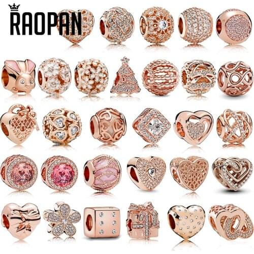 RAOPAN Rose Gold Charm Bead Double Love Geometry Brilliant Zircon Elegant Romantic Silver 925 Bracelet Jewelry Making