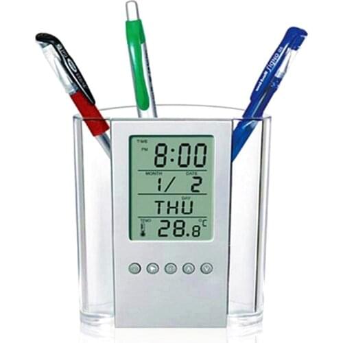 LCD Desk Alarm Clock Pen Storage Digital Pen Holder Calendar Timer Temperature Desktop Electronic Clock Home Decor