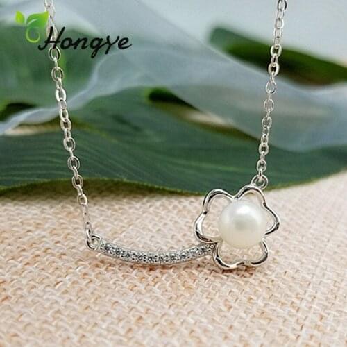 Hongye Real Pearl Necklace for Women Hollow Flower Green Zircon Silver 925 Neck Chains Fresh Summer Jewelry Pendant Necklaces