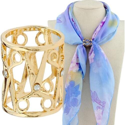 MagiDeal Clear Crystal Rhinestone Scarf Ring Clip Scissor Shape Hollow Out Tube Ring Buckle