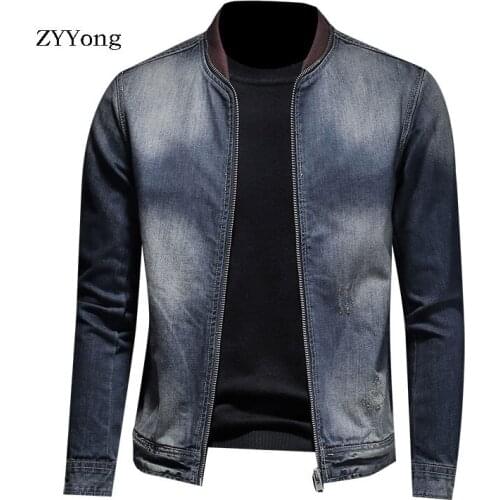 European Style Stand Collar Colorblock Bomber Pilot Blue Denim Jacket Men Jean Coat Motorcycle Casual Clothing Overcoat Outwear