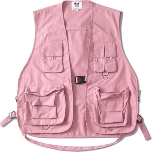 Mens Military Multiple Pockets Cargo Vest Hiphop Vest Men Dad Core Vest Sleeveless Jacket Gilet Mens Pink Vest Streetwear Coat
