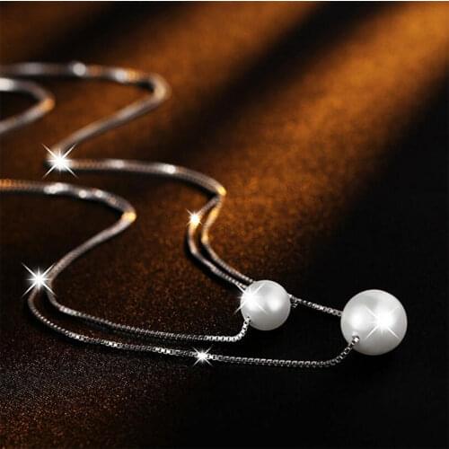 925 Sterling Silver Necklace Double Layer Chain White Pearl Choker Necklaces &Pendants For Women kolye collares bijoux femme