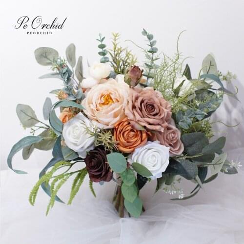 PEORCHID Vintage Orange Coffee Rose Bouquet Ramo flores Novia Artificial Bridesmaids flowers Bridal Bouquet Wedding Decor