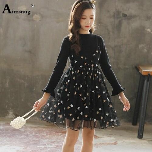Girls Patchwork A-line Dresses Trend 2021 Children Knee-Length Princess Dress Cute Stars Print Birthday Party Dress Kids Clothes