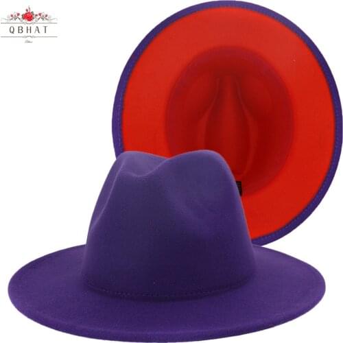Trendy Outer Purple Inner Red Men Patchwork Wool Felt Jazz Fedora Hats Women Trilby Flat Brim Panama Gambler Hat Carnival Cap