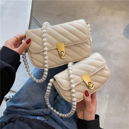FANTASY Pearl Chain Messenger Shoulder Bags For Women PU Leather Vertical Stripes Thread Handbags Trendy Luxury Vintage Tote Bag