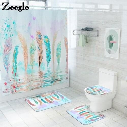 Zeegle Bath Mat and Shower Curtain Set Bathroom Carpet Toilet Seat Cover Mat Bathroom Non-Slip Mat Set Absorbent Foot Mat