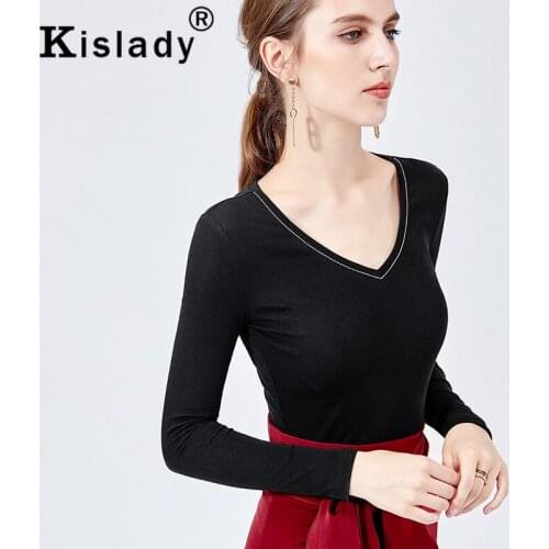 Kislady 2020 Womens Deep V-Neck Basic Bottoming Shirts Black Red Harajuku Sexy Slim Mesh Tops Plus Size Graphic Tees For Autumn