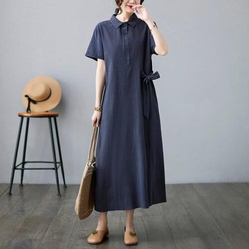 Korea Style Turn-down Collar Fashion Blouse Dress Cotton Linen Bow Short Sleeve Loose Summer Dress Women Travel Casual Dress