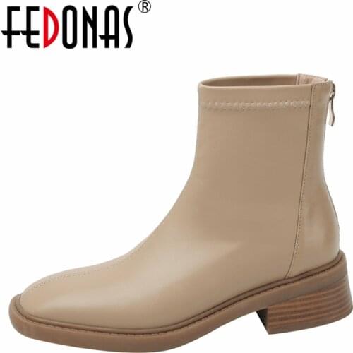 FEDONAS 2021 Concise New Back Zipper Women Ankle Boots Office Lady Casual Thick Heels Genuine Leather Shoes Woman Autumn Winter