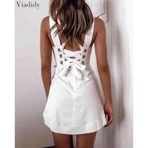 Women Square Neck Back Lace-Up Mini Dress Solid Color Spaghetti Strap A-line Dress