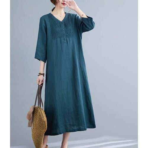 2021 New Arrival Travel Casual Midi Dress Cotton Linen Loose Fashion Women Summer Beach Dress Korea Style Office Lady Work Dress