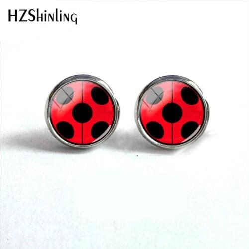 2018 New Ladybugs Round Earring Cute Animal Stud Earrings Gifts Children Color Jewelry Glass Cabochon Ear Studs Stainless Steel