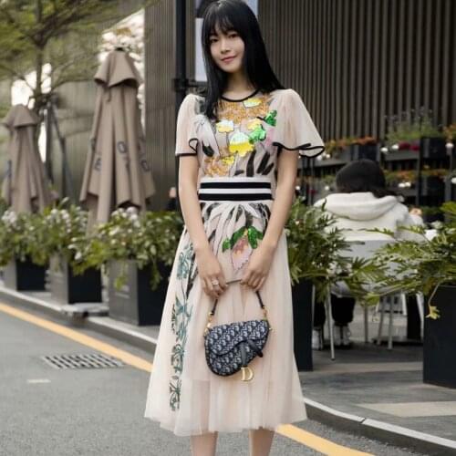 Designer Fashion New Women Summer Midi Dress High Quality Elegant Gentlewoman Party Casual Office Sequin Embroidery Mesh Dress