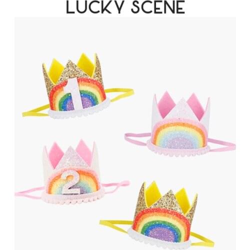 Glitter Rainbow Felt Birthday Lace Party Crown Babies First Month Celebration Boys Girls Kids Pink Gold S00789