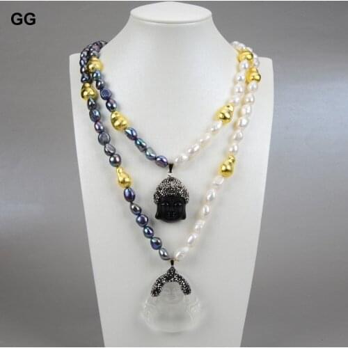 GG Jewelry 2Rows Natural Cultured Keshi Pearl Necklace Black Quartzs Buddha Head Pendant Necklace 20" Religious Style For Women