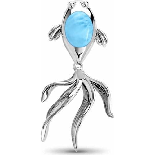 Hot Selling Natural Dominica Larimar 925 Sterling Silver Natural Larimar Golfish Pendant Neckalce For Women Jewelry