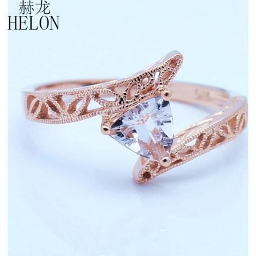 HELON Solid 14K Rose Gold AU585 Trillion Cut 5mm Natural Morganite Engagement Wedding Ring Women Vintage Antique Trendy Jewelry