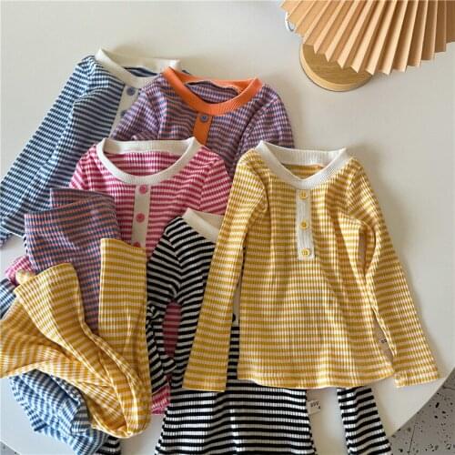 Childrens underwear set 2021 autumn childrens wear girls' striped home clothes two-piece boys' baby elastic autumn clothes