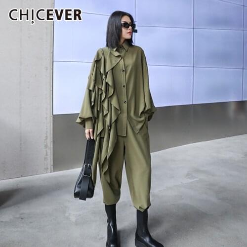 CHICEVER Patchwork Ruffles Two Piece Set For Women Lapel Collar Long Sleeve Shirt High Waist Wide Leg Pants Female 2020 Clothes
