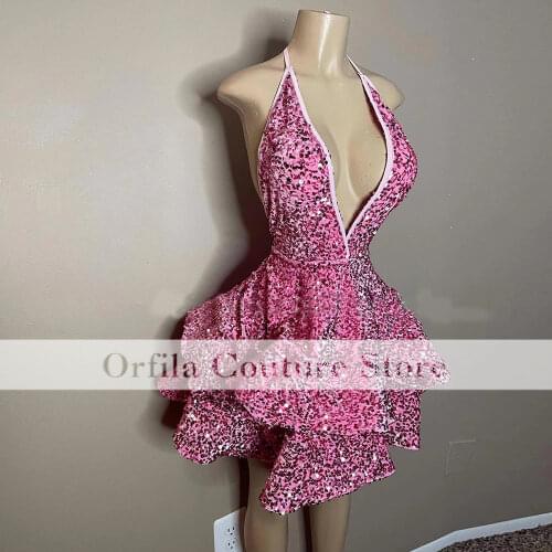 Sexy Mini Backless Sequins Prom Dresses 2021 Halter Neck Black Girl Formal Party Cocktail Graduation Gown Robe De Princesse