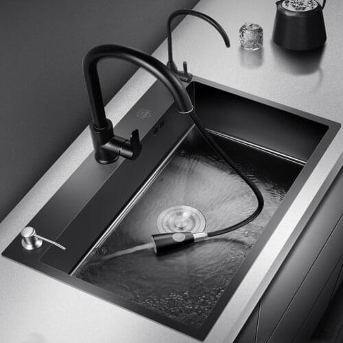 Stainless Steel Kitchen Sink Single-bath Nano UnderCounter Three-hole Sink with Faucet Black Rectangular Sink Basket Single Bowl