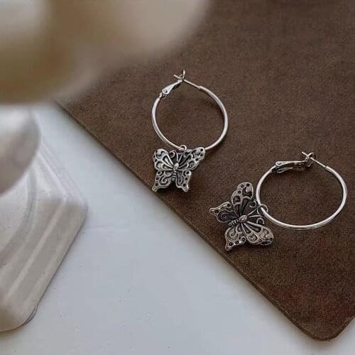 MENGJIQIAO New Fashion Vintage Metal Butterfly Hoop Earrings For Women Girls Circle Boucle D'oreille Party Oorbellen Jewelry