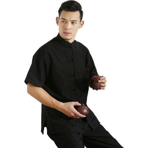 Mens 100% Cotton Short Sleeve Tang Suit Top Male Kung Fu Tai Chi Uniform Shirt Blouse Traditional Chinese Clothings Plus 4XL