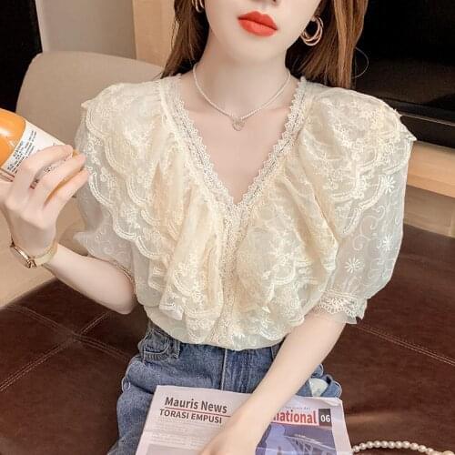 2021 summer new style lace temperament chiffon shirt design sense fashion short-sleeved blouse womens trend