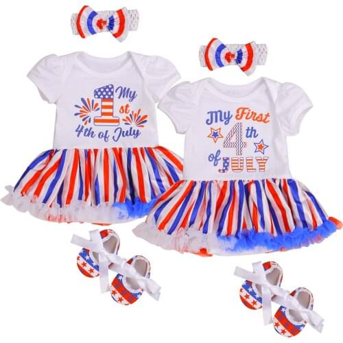New Romper Headband Shoes Infant Short Sleeve Independence Day Flag Printing Festival Summer Clothing