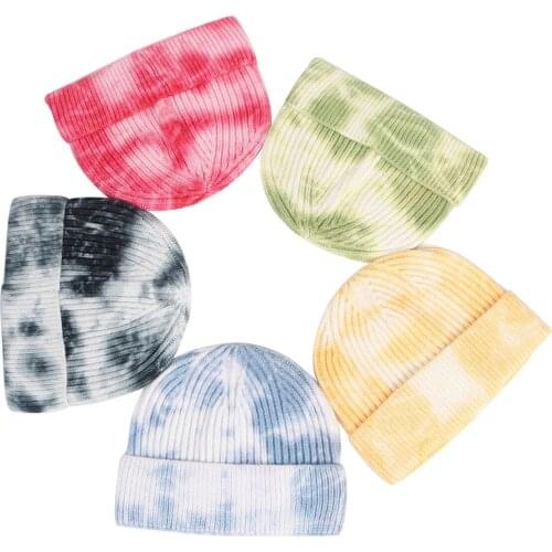 Autumn Tie-dye Knit Beanie Warm Winter Hat Women Soft Fashion Knitted Hip Hop Melon Cap Men Cuffed Plain Skull Cap Bonnet