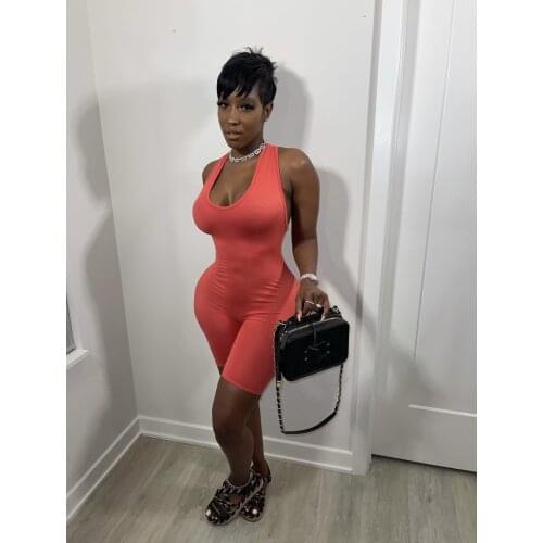 Casual Sport Solid Backless Cross Playsuit Jumpsuit Summer Sexy Fitness Sleeveless Biker Shorts Bodycon Jumpsuit Women Clothing