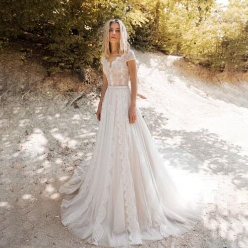 Sheer Scoop Neckline with Exqusite France Lace Champagne Wedding Dress with Beading Belt Bridal Dress vestidos novias boda