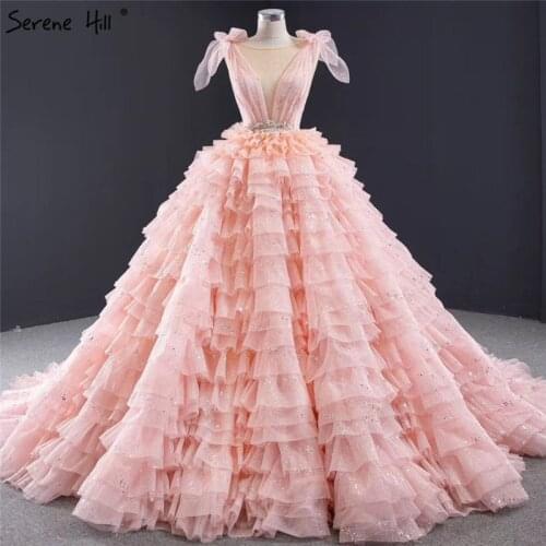 Pink Sleeveless Bow Tiered Sexy Wedding Dresses 2021 Sequined Sparkle Lace Up Bridal Gowns HM67033 Custom Made