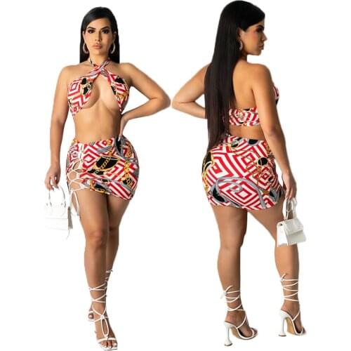 Cross Halter Bra Tops With Skirts Sexy Summer Mini Dress Sets