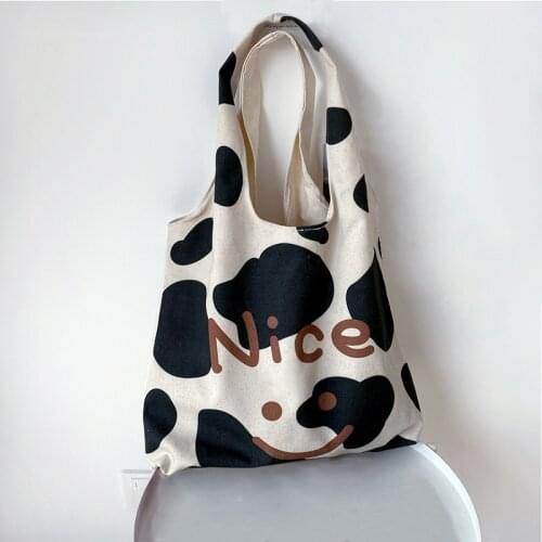 Canvas Tote Bag Shopper Bag Women Designer Handbag 2021 Fashion Casual Large Capacity Cute Smiley Cow Pattern Print Shoulder Bag