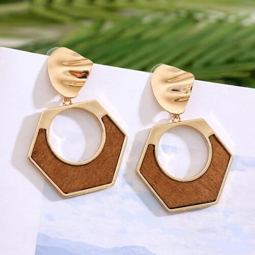 Textured Metal Top Open Geometric Hexagon Wood Drop Earrings for Women Fashion Designer Boutique Quality Jewelry Gifts Wholesale