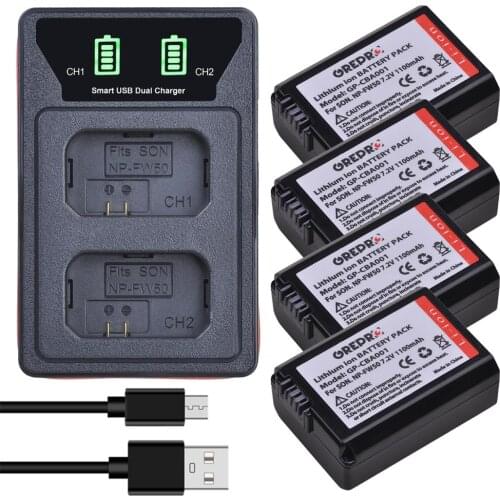 4PCS NP-FW50 NP FW50 Battery + USB and type-c LED Charger for Sony Alpha a6500 a6300 a7 7R a7R a7R II a7II NEX-3 NEX-3N