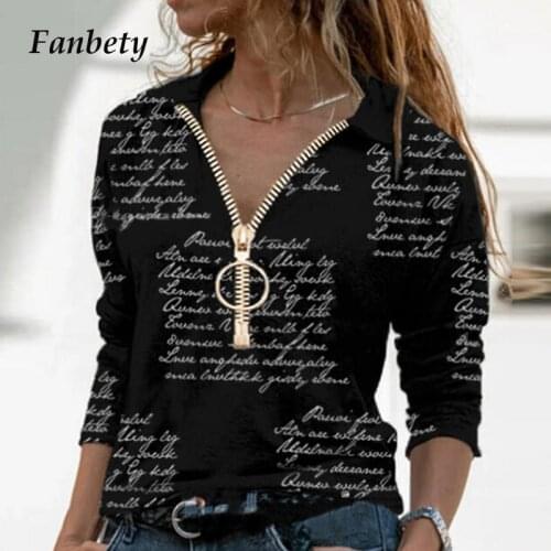 2021 Spring Fashion Letter Printed Tee Shirt Women Sexy V-Neck Zipper Pullover Tops Casual Loose Long Sleeve T-Shirts Streetwear