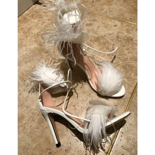 Feather Fringe Women Gladiator Sandals Lace Up Open Toe Pumps Stiletto High Heels Ladies Party Dance Prom Shoes