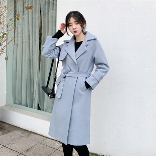 2021 Autumn Winter Women Elegant Woolen Coats With Belt Lady Solid Warm Streetwear Jacket Female Thick Long Trench Outerwear