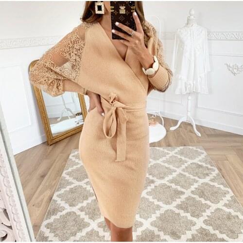Winter Women Sexy Knitted Dress Long Sleeve Deep Neck Lace Patchwork Solid Vestidos Fashion Loose Sashes Batwing Sleeve Dresses
