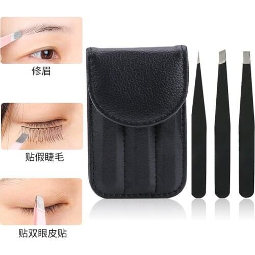 3pcs/set Eyebrow Tweezers Set with Bag Case Stainless Steel Point Tip Slant Tip Flat Tip Hair Removal Makeup Tools Accessories