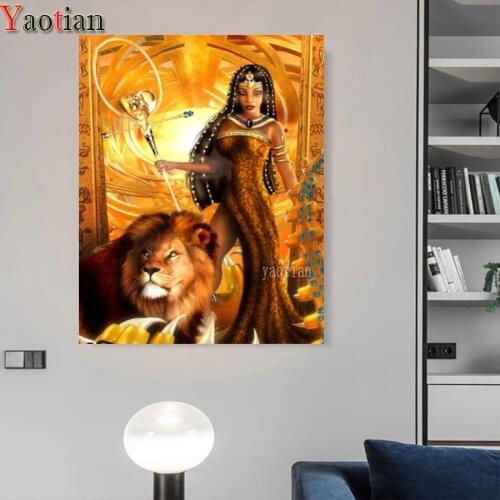 5D Diamond Painting Egypt Queen And Lion Cross Stitch Full Square Drill Diamond Embroidery Mosaic Rhinestones Home Decoration