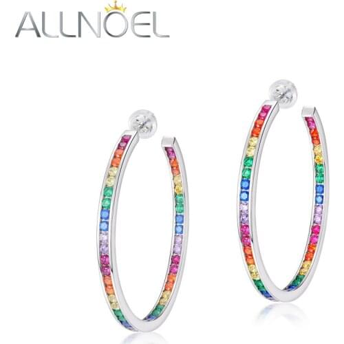 ALLNOEL Brass Earring For Women Round Color Zircon Rhodium Plated Copper Hip Hop Earring 2021 Trend Anniversary Fine Jewelry New