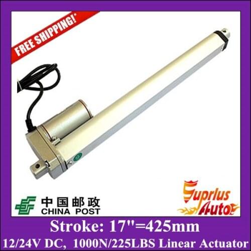 Free Shipping 12v linear actuator, 17inch/425mm stroke, 1000N/100kgs/225lbs load electric linear actuator