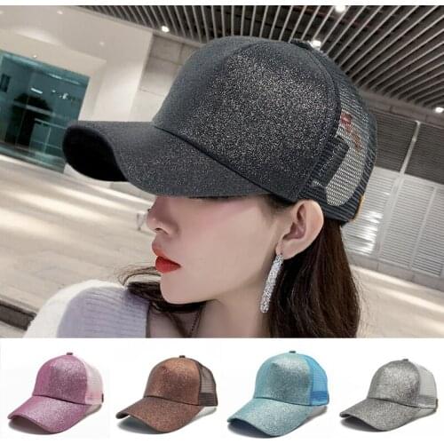 Women Mesh Baseball Cap Glitter Ponytail Holder Snapback Hat Men Summer Sport Wild Mesh Trucker Sun Hat