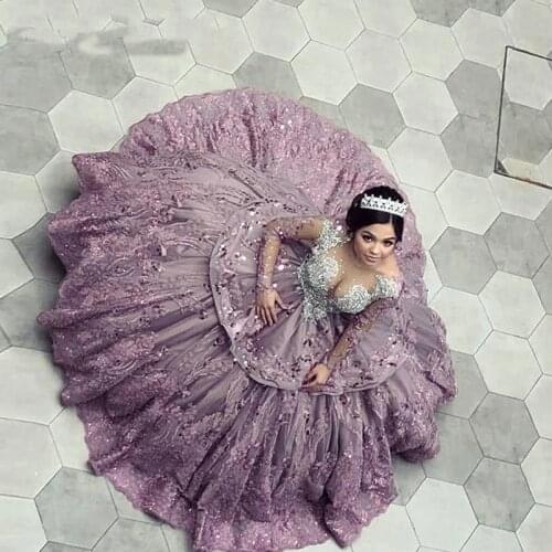 Purple Mexican Quinceanera Dress Scoop Crystal Lace Applique Long Sleeves Ball Gown Prom Party Sweet 16 Dress robes de soirée